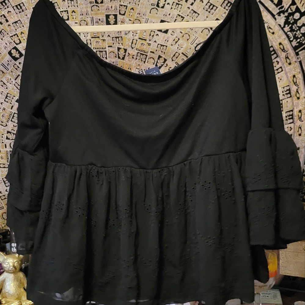 Kaari Blue XL Off Shoulder Babydoll Black Flare with Eyelet Bell Sleeves